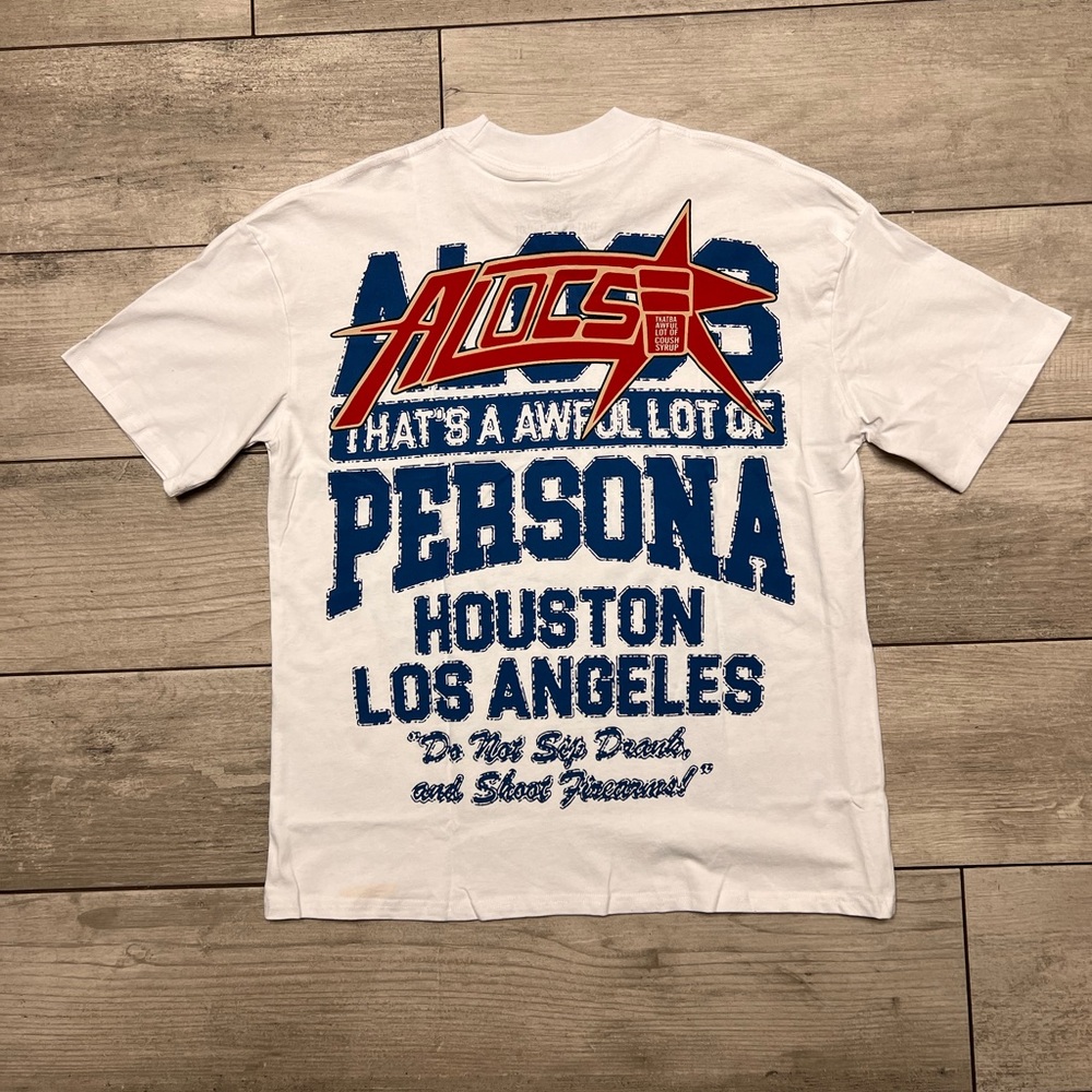 White Graphic Tee with Bold Blue and Red Design